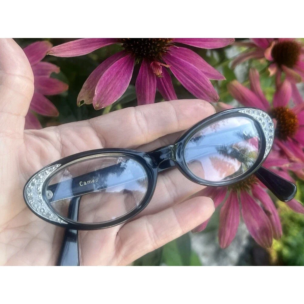 Vintage 1960s Cameo Black Rhinestone Cat Eye Eyeglass Frames USA 46/20 5½